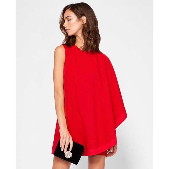 🌹 Ted Baker London, Bolty Bright Red Asymmetrical Side-Draped Tunic Dress - Picture 3 of 16